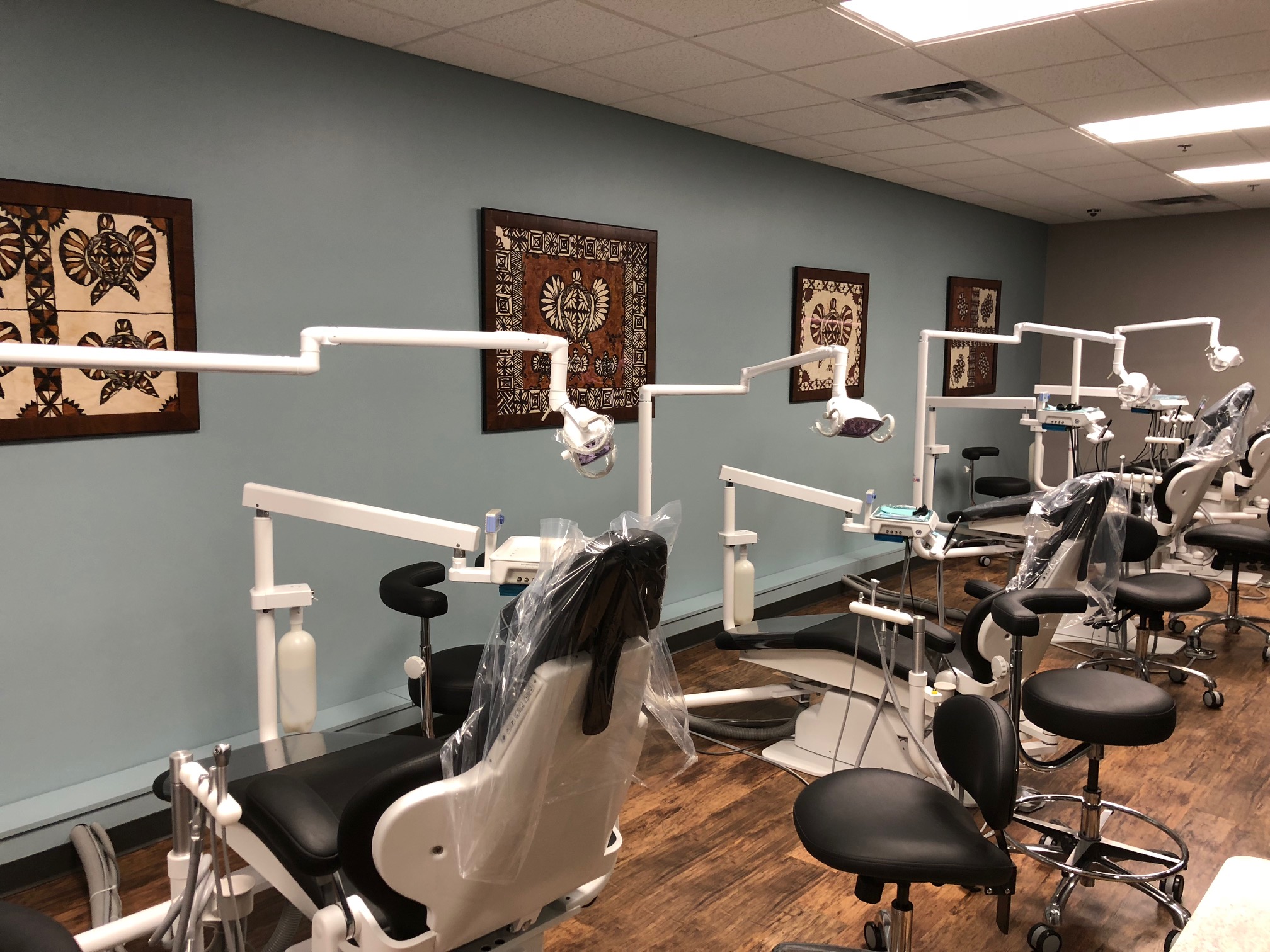 A modern dental clinic interior with multiple dental chairs equipped with overhead lights, positioned in a row beside teal walls decorated with ornate wooden art panels | Pleasant Dental